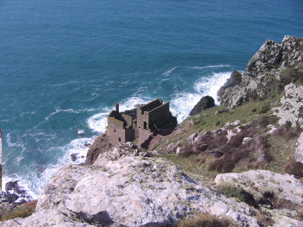 Cornwall, view of mining ruins on the cliffs, looking down, photograph