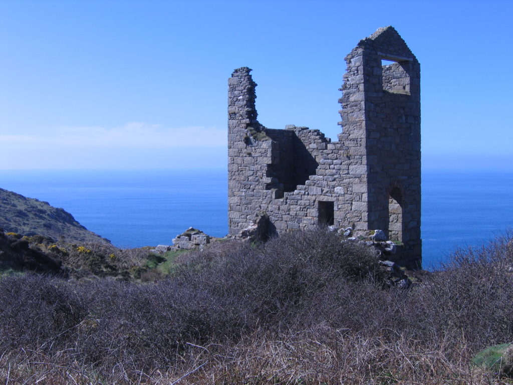 photograph showing a ruined mine building on a Cornish cliff