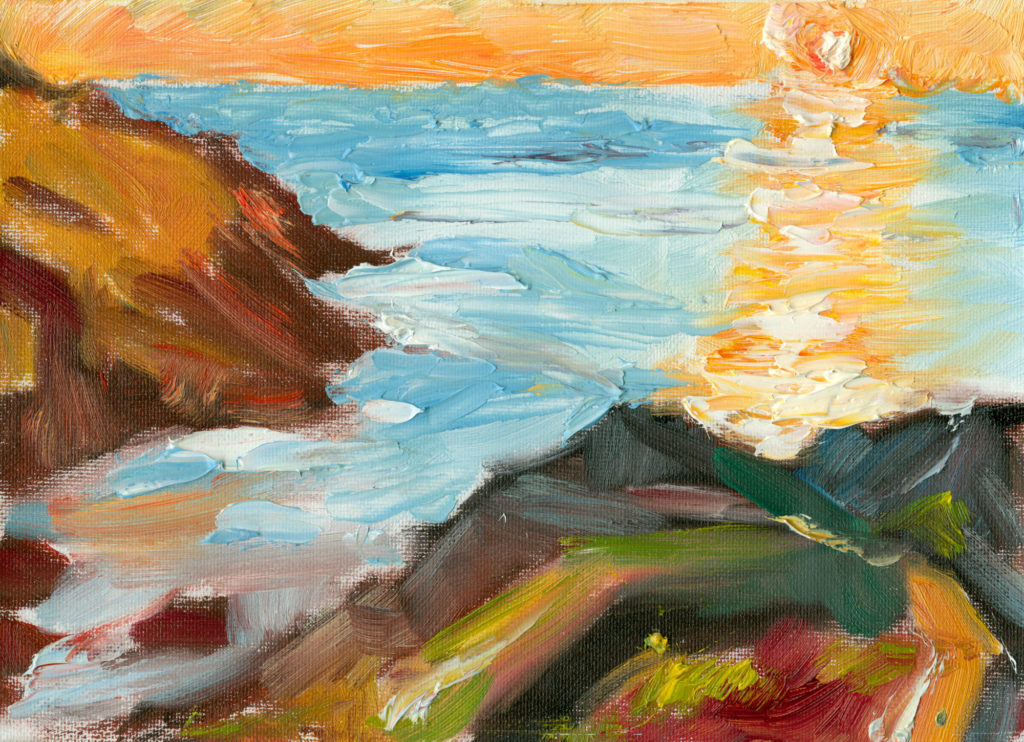 Cornwall painting, Red Sun, oil on canvas, 6x8 inches