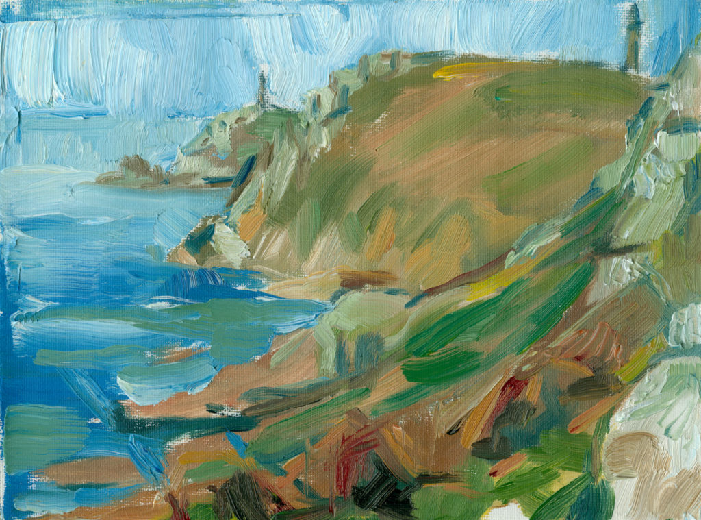 Oil painting on canvas, View from the Chough Cliff, plein air, 6x8 inches